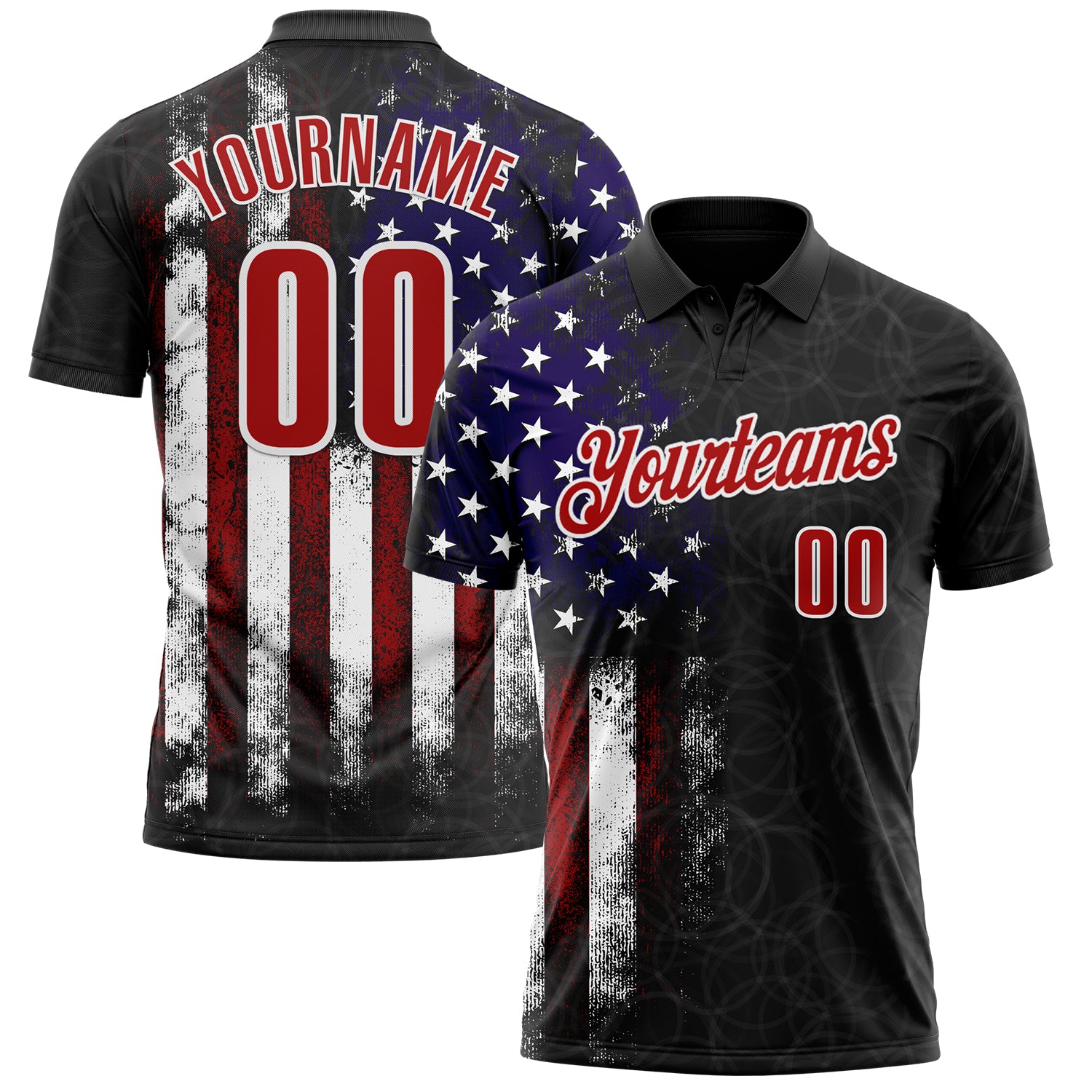 Custom Black Red-White 3D Bowling American Flag Performance Polo Shirt