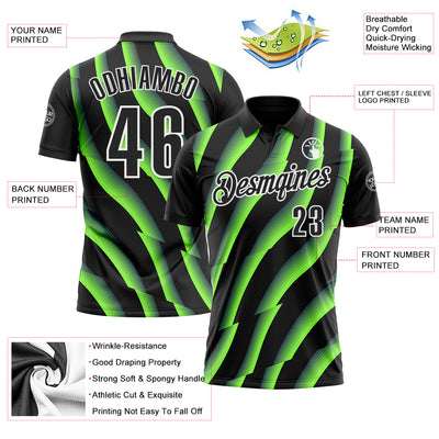 Custom Black Neon Green-White 3D Bowling Geometric Shape Performance Polo Shirt