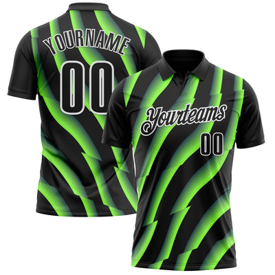 Custom Black Neon Green-White 3D Bowling Geometric Shape Performance Polo Shirt