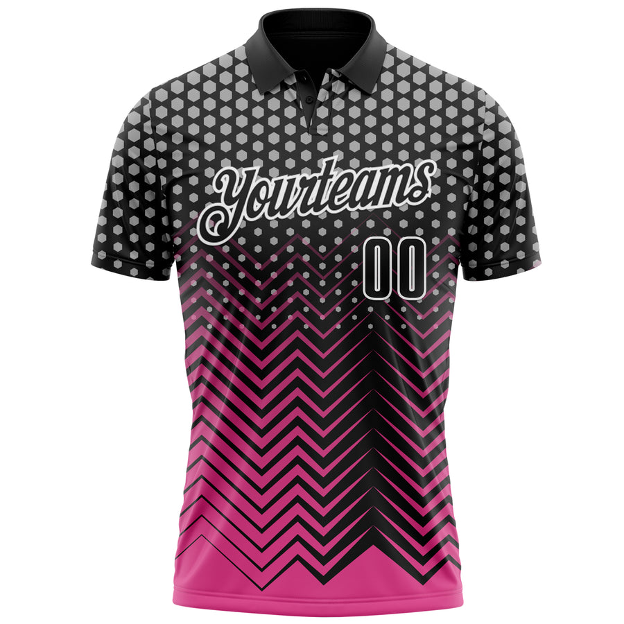 Custom Black Pink-Gray 3D Bowling Geometric Shape Performance Polo Shirt