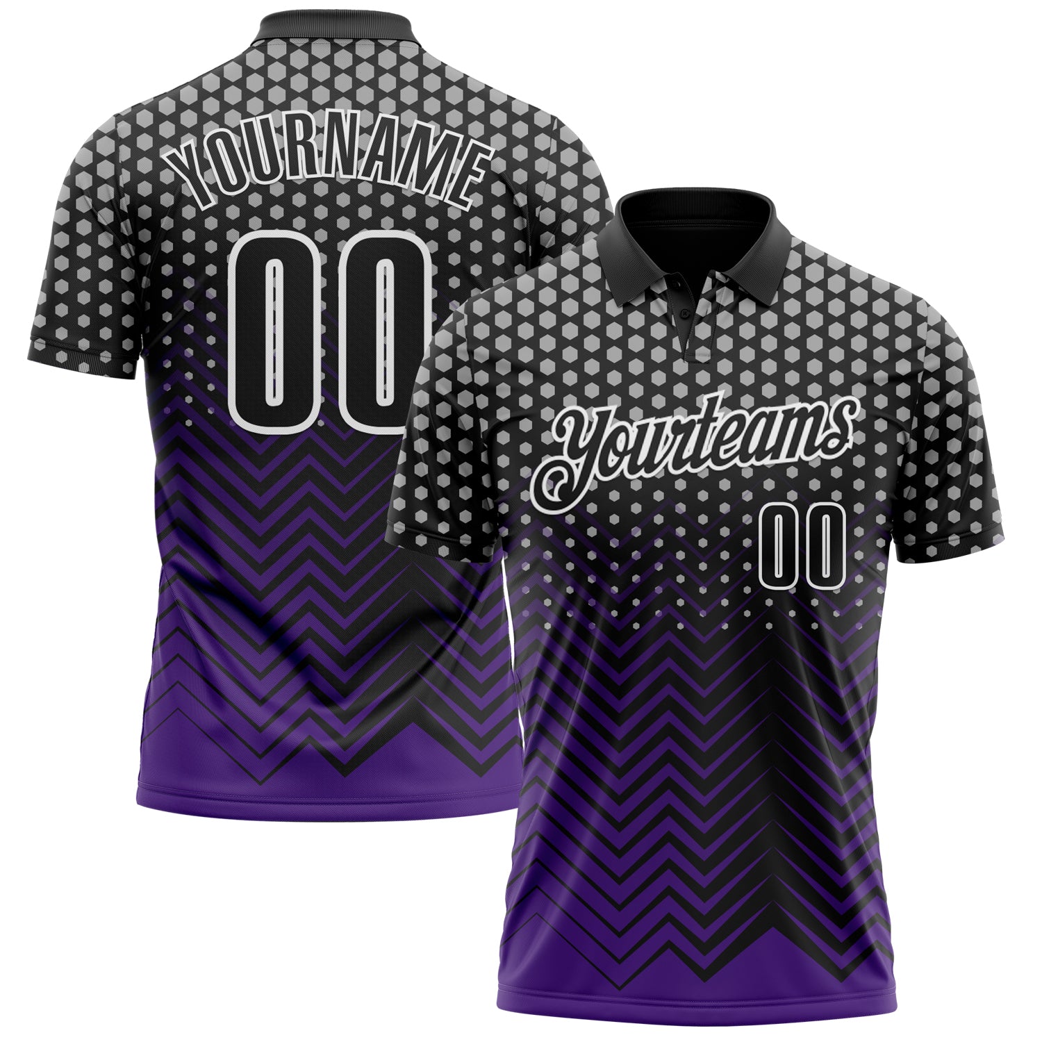 Custom Black Purple-Gray 3D Bowling Geometric Shape Performance Polo Shirt