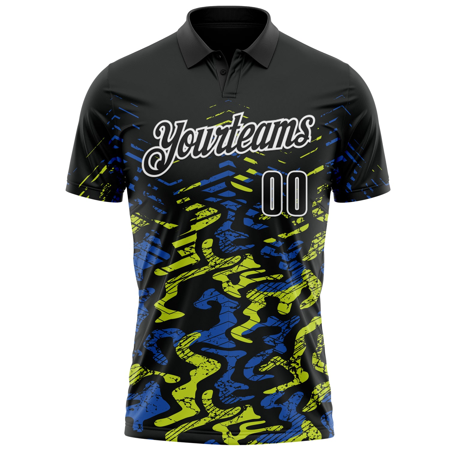 Custom Black Royal-Neon Yellow 3D Bowling Abstract Grunge Art Performance Polo Shirt