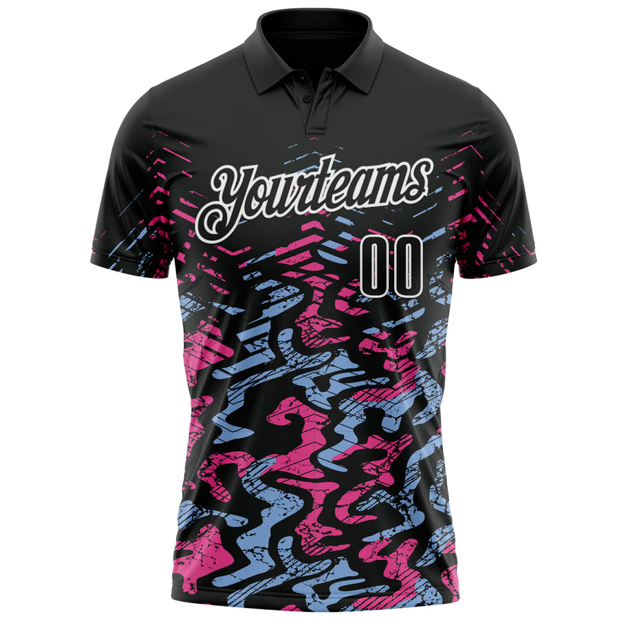 Custom Black Light Blue-Pink 3D Bowling Abstract Grunge Art Performance Polo Shirt