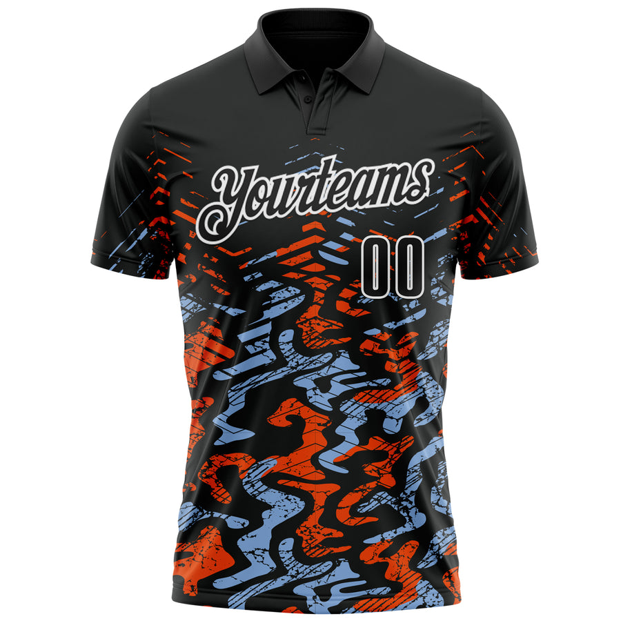 Custom Black Light Blue-Orange 3D Bowling Abstract Grunge Art Performance Polo Shirt