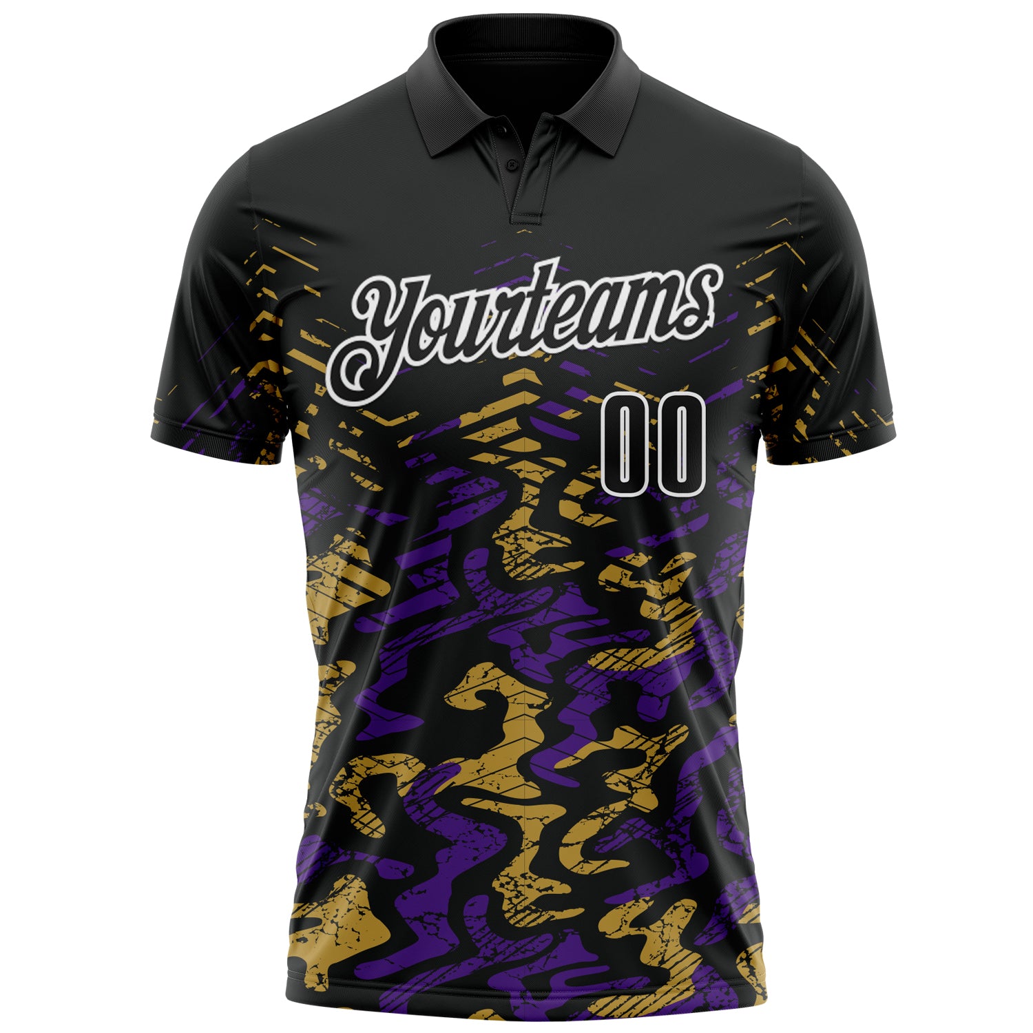 Custom Black Purple-Old Gold 3D Bowling Abstract Grunge Art Performance Polo Shirt