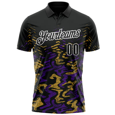 Custom Black Purple-Old Gold 3D Bowling Abstract Grunge Art Performance Polo Shirt