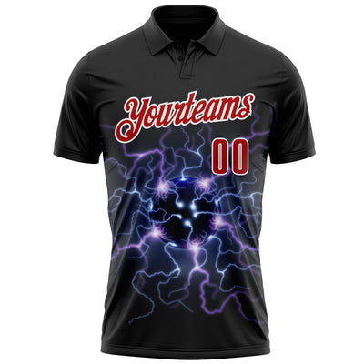 Custom Black Red-White 3D Bowling Lightning Performance Polo Shirt