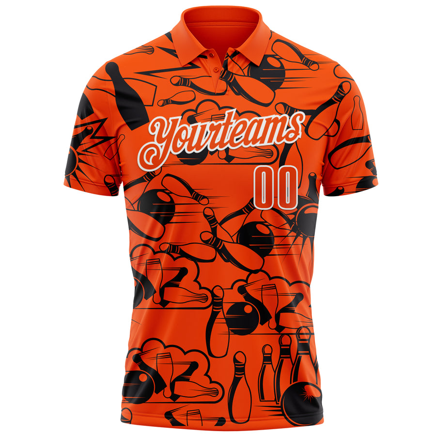 Custom Orange White 3D Bowling Performance Polo Shirt