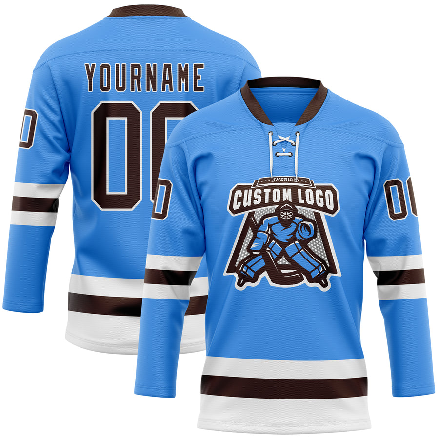 Custom Sky Blue Brown-White Hockey Lace Neck Jersey