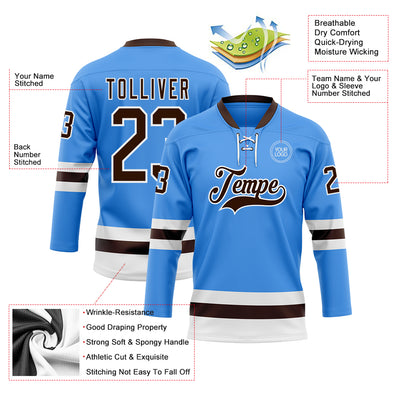 Custom Sky Blue Brown-White Hockey Lace Neck Jersey