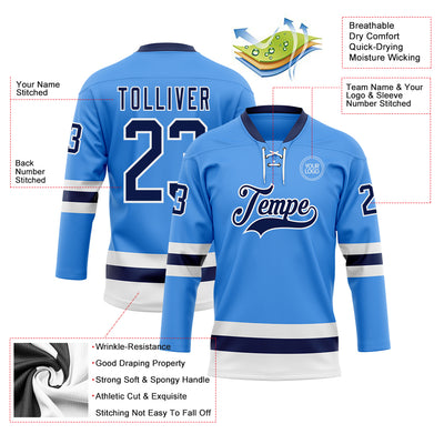 Custom Sky Blue Navy-White Hockey Lace Neck Jersey