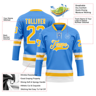 Custom Sky Blue Gold-White Hockey Lace Neck Jersey