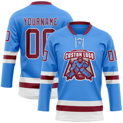 Custom Sky Blue Maroon-White Hockey Lace Neck Jersey