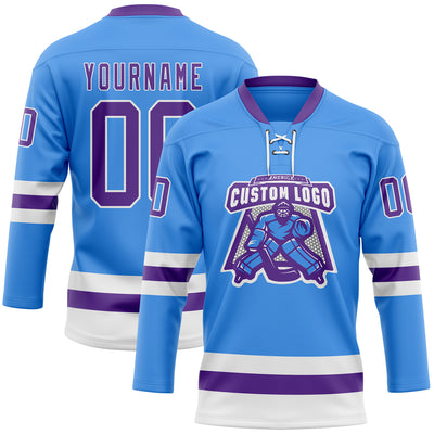 Custom Sky Blue Purple-White Hockey Lace Neck Jersey