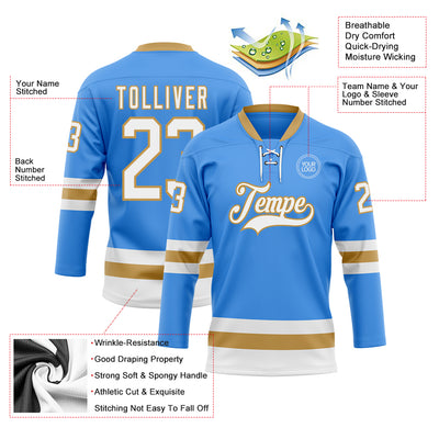 Custom Sky Blue White-Old Gold Hockey Lace Neck Jersey