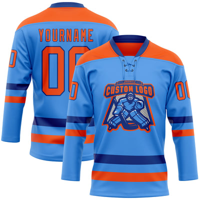 Custom Sky Blue Orange-Royal Hockey Lace Neck Jersey