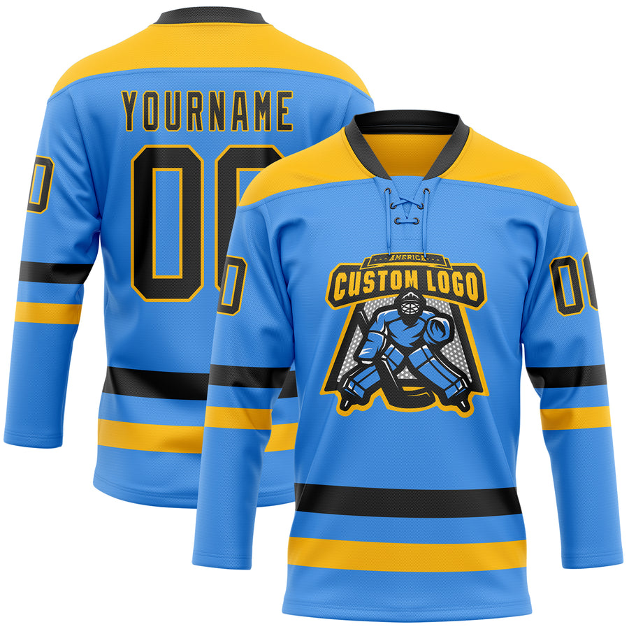 Custom Sky Blue Black-Gold Hockey Lace Neck Jersey