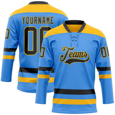 Custom Sky Blue Black-Gold Hockey Lace Neck Jersey