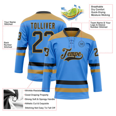 Custom Sky Blue Black-Old Gold Hockey Lace Neck Jersey