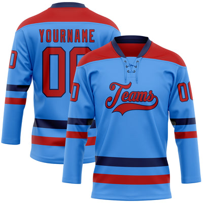 Custom Sky Blue Red-Navy Hockey Lace Neck Jersey