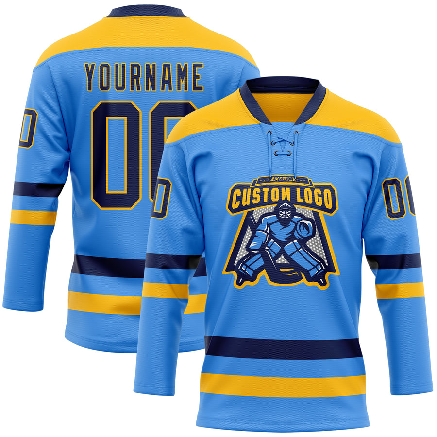 Custom Sky Blue Navy-Gold Hockey Lace Neck Jersey