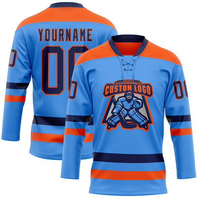 Custom Sky Blue Navy-Orange Hockey Lace Neck Jersey