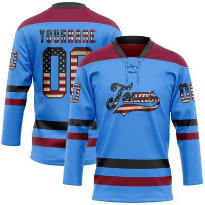 Custom Sky Blue Vintage USA Flag Black-Maroon Hockey Lace Neck Jersey