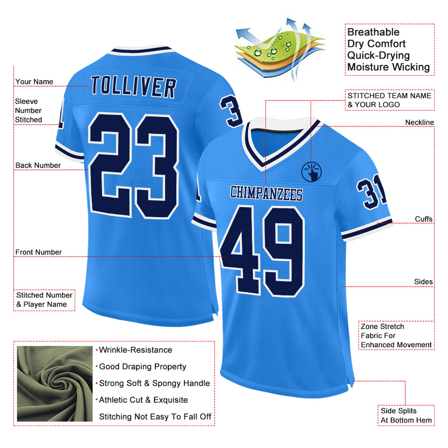 Custom Powder Blue Navy-White Mesh Authentic Throwback Football Jersey