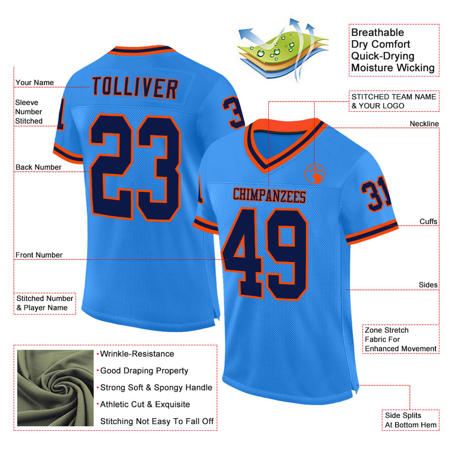 Custom Powder Blue Navy-Orange Mesh Authentic Throwback Football Jersey