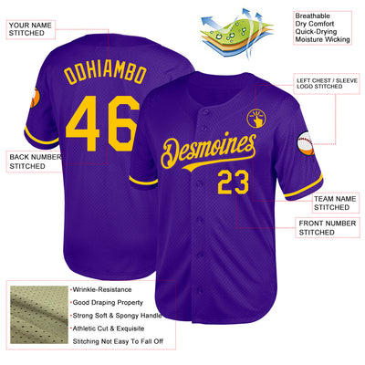 Custom Purple Yellow Mesh Authentic Throwback Baseball Jersey