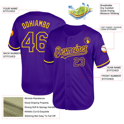 Custom Purple Yellow Mesh Authentic Throwback Baseball Jersey