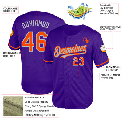 Custom Purple Orange-Gray Mesh Authentic Throwback Baseball Jersey