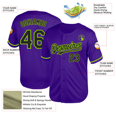 Custom Purple Black-Neon Green Mesh Authentic Throwback Baseball Jersey