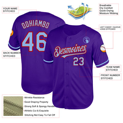 Custom Purple Light Blue-Red Mesh Authentic Throwback Baseball Jersey