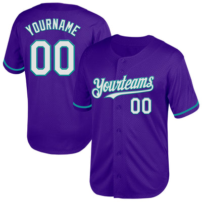 Custom Purple White-Teal Mesh Authentic Throwback Baseball Jersey