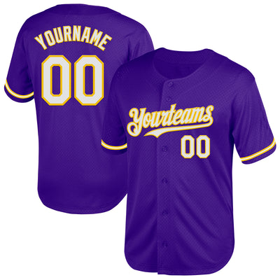 Custom Purple White-Yellow Mesh Authentic Throwback Baseball Jersey