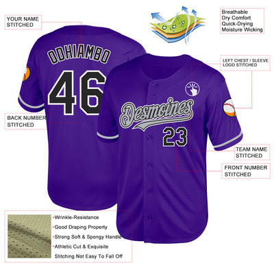 Custom Purple Black-Gray Mesh Authentic Throwback Baseball Jersey