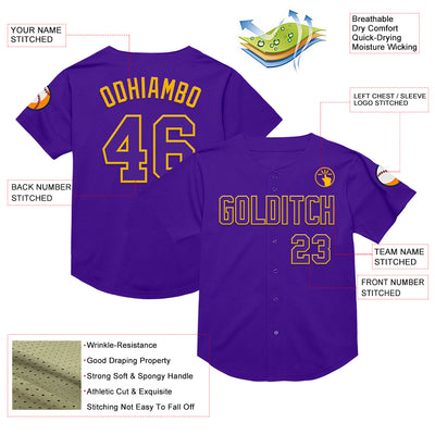 Custom Purple Gold Mesh Authentic Throwback Baseball Jersey