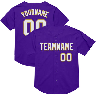 Custom Purple White-Old Gold Mesh Authentic Throwback Baseball Jersey