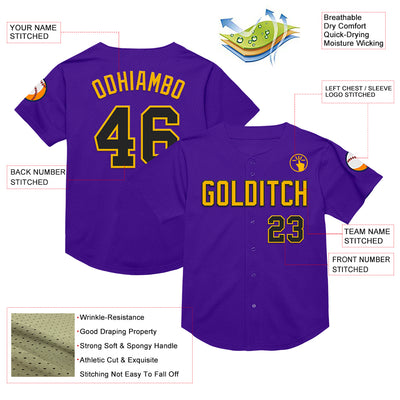 Custom Purple Black-Gold Mesh Authentic Throwback Baseball Jersey