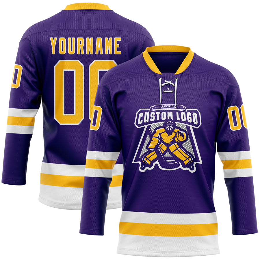 Custom Purple Gold-White Hockey Lace Neck Jersey