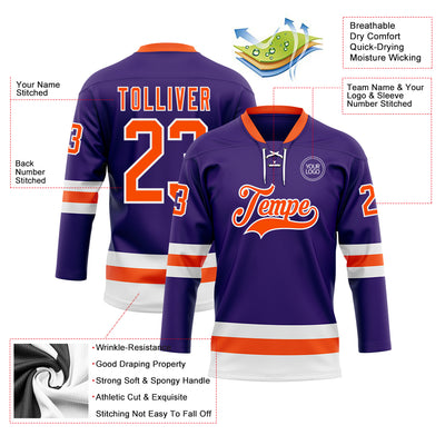 Custom Purple Orange-White Hockey Lace Neck Jersey