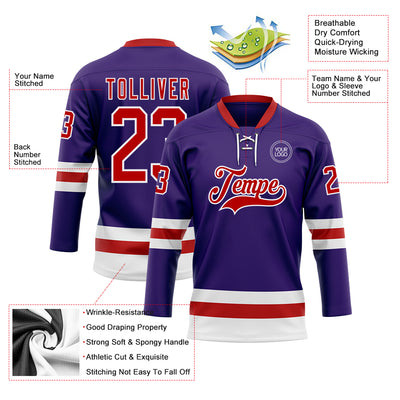 Custom Purple Red-White Hockey Lace Neck Jersey