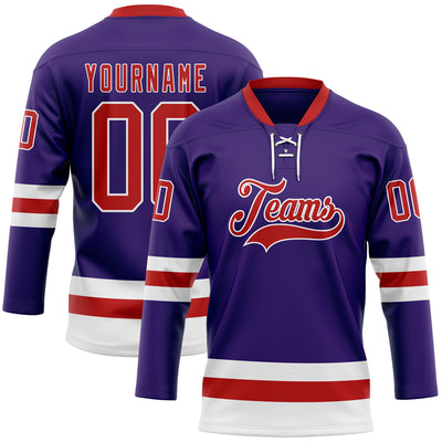 Custom Purple Red-White Hockey Lace Neck Jersey