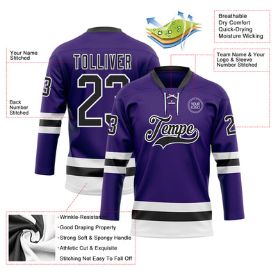 Custom Purple Black-White Hockey Lace Neck Jersey