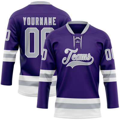 Custom Purple Gray-White Hockey Lace Neck Jersey