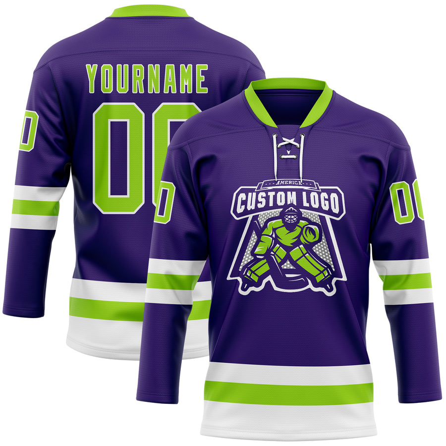 Custom Purple Neon Green-White Hockey Lace Neck Jersey