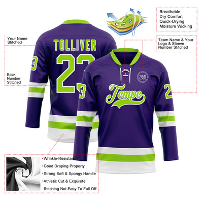 Custom Purple Neon Green-White Hockey Lace Neck Jersey