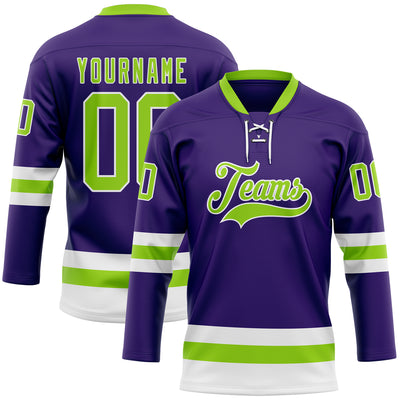 Custom Purple Neon Green-White Hockey Lace Neck Jersey