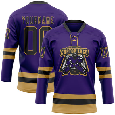 Custom Purple Black-Old Gold Hockey Lace Neck Jersey